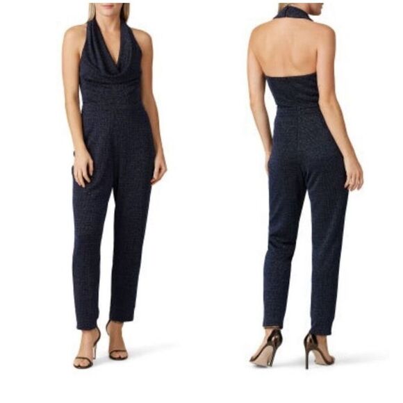 Harlyn XS Navy Pink Metallic Halter Cowl Neck Jumpsuit Glam Party Dressy NYE NWT - Picture 1 of 13